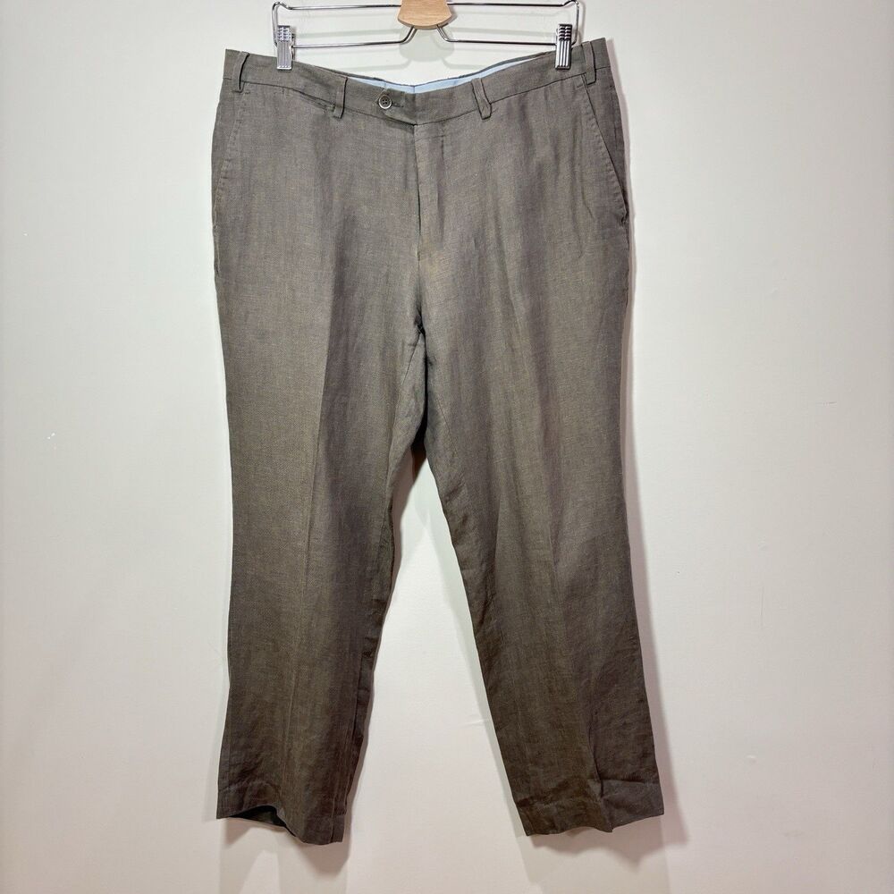 Bianco Brioni Linen Dress Pant Men 36S Brown Puro Lino Trousers Tailored Preppy